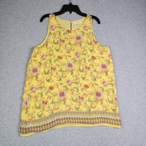 Max Studio Tank Top Womens Medium Yellow Floral Boho Chiffon Back Keyhole Button